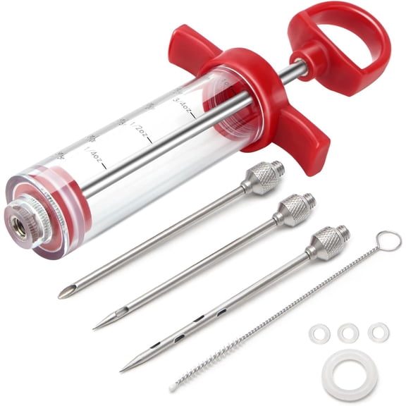 Meat Injector, 1-oz Plastic BBQ Marinade Injector Kit, Turkey Syringe (3 Stainless Steel Needles +3 Replacement O s + 1 Cleaning Brush) for Smoked Grill
