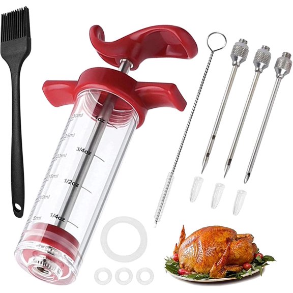 Meat Injector Syring-e Kit,3 Needles Porous Turkey Injector for Meats with Cleaning Brush,Marinade Injector Syring-e for BBQ Grill with Black Oil Brush Easy to Use and Clean