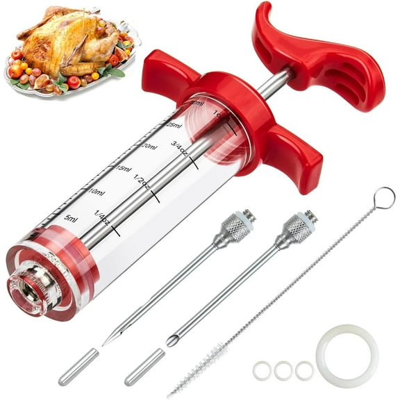 Meat Injector Syringe, 1-oz Plastic Marinade Turkey Kit, 2 Needles for BBQ Grill by