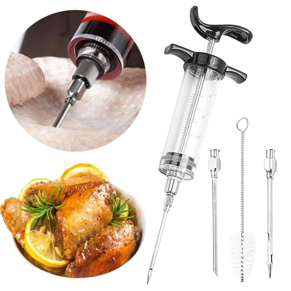 Meat Injector Syringe - 2 Marinade Injector Needles for BBQ Grill,Premium Portable Turkey Injector kit for Smoker,Marinades Injector for Meats With 1oz Large Capacity 1 Brush Easy to Use & Clean Grey