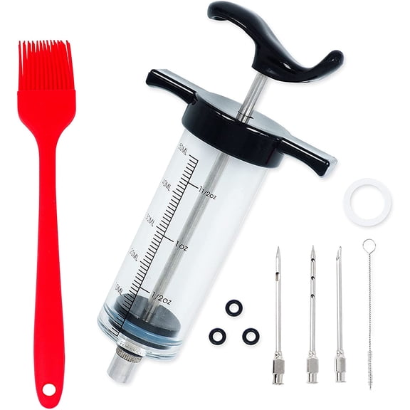 Meat Injector Syringe Turkey Marinade Injector Kit, 1.6-Oz Syringe Set with 3 Professional Needles,1 Silicone Brush,4 Extra O-Rings,1 Cleaning Brush for Basting&Grilling, Flavor Injector for Smoking