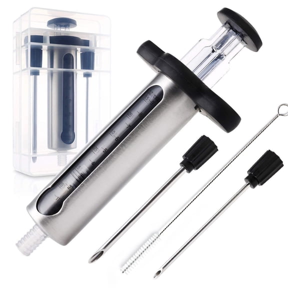 Meat Injector Syringe with 2 Needles, 1.5oz Stainless Steel Marinade Injector Kit with Clear Measurement Window for BBQ Turkey and Beef