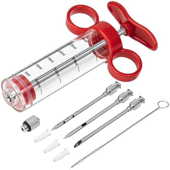 Meat Injector, Turkey Injector Syringe - 3 Needles for BBQ Grill, 1oz Meat Injector Syringe, Injector Marinades for Meats, Meat Injectors for Smoking 1 Cleaning Brush Easy to Use & Clean Red