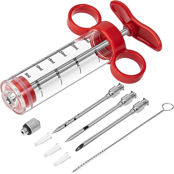 Meat Injector, Turkey Injector Syringe - 3 Needles for BBQ Grill, 1oz Meat Injector Syringe, Injector Marinades for Meats, Meat Injectors for Smoking 1 Cleaning Brush Easy to Use & Clean Red