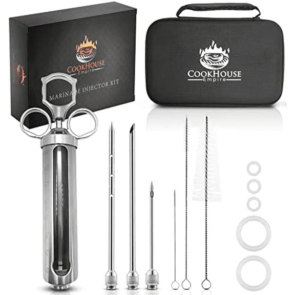 Meat Injectors for Smoking - Stainless Steel Marinade Injector Kit with Case and Window for BBQ, Grilling - 3 Syringe Needles for Injection of Flavor, Sauce - Food Injector for Turkey, Beef, Brisket
