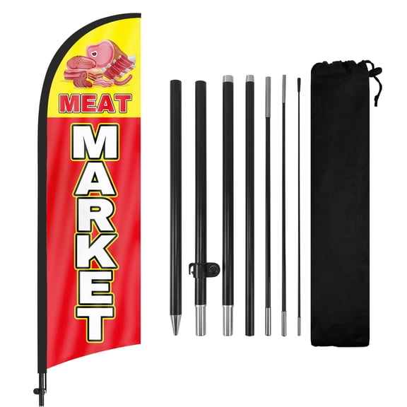 Meat Market Advertising Feather Flags Banner 8Ft, Meat Market Swooper Flag with Pole and Ground Stake, Advertising Feather Flag Signs for Meat Market Business