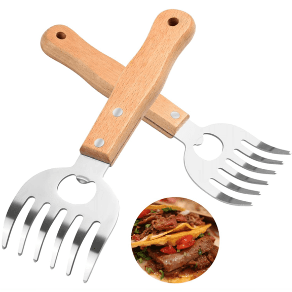 Meat Shredder Claws with Long Wooden Handles for Chicken, Pork & Beef | For Shredding, Pulling, Lifting & Serving Meat, Stainless Steel, Built-In Bottle Opener, BBQ Use