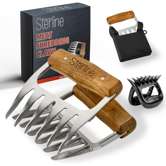 Meat Shredder Claws Set - 5 Pieces - T304 Stainless Steel Fork with Silicone Protector, Wooden Handle for Easy Lifting, Shredding Pulled Pork, Chicken, Brisket - BBQ Grilling Accessory Gift