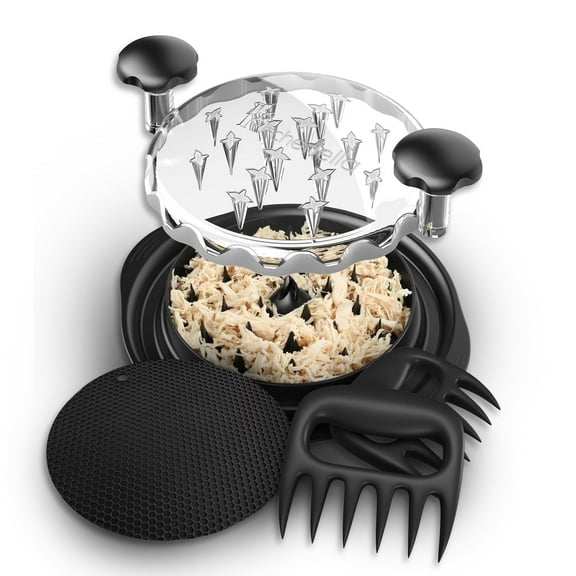 Meat Shredder Set - Bear Claws, Silicon Mat - Pulled Pork Shredding Twist Tool - Large Chicken Breast Shredder Machine - Clear Lid, Easy Handle, Dishwasher Safe, Anti-Slip (Black)
