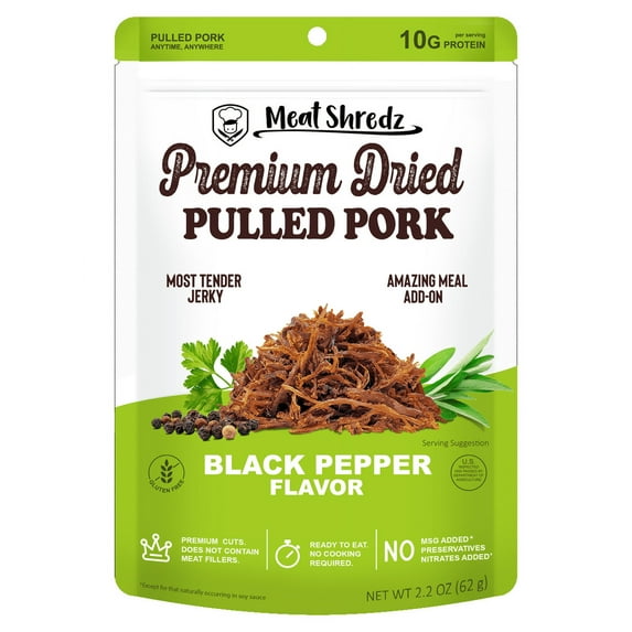 Meat Shredz - Black Pepper Pulled Pork Jerky, High-Protein Shredded Snack, 2.2 oz Resealable