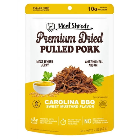 Meat Shredz - Mustard Carolina BBQ Pulled Pork Jerky, High-Protein Shredded Snack 2.2 oz Resealable