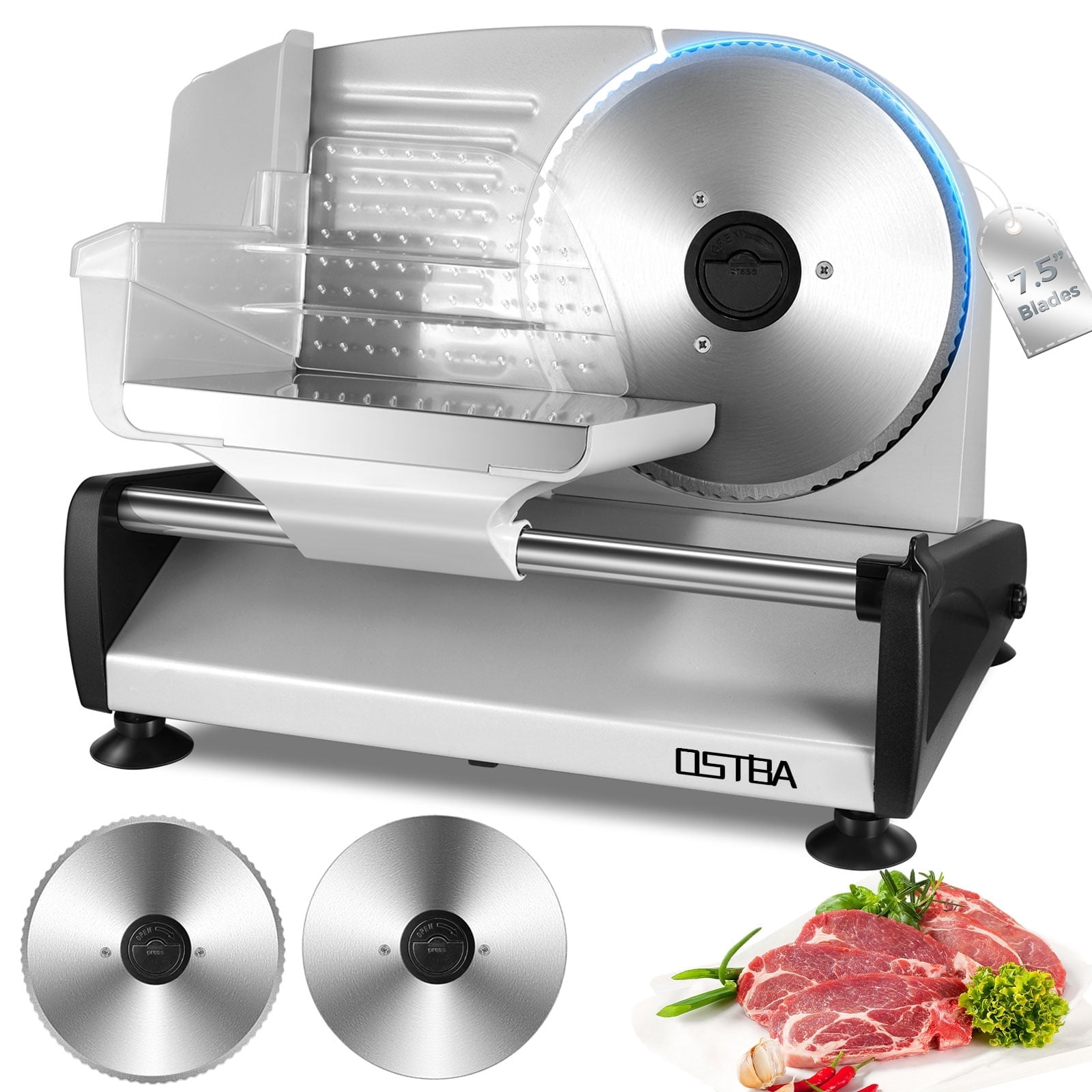 Meat Slicer 200W Electric Deli Food Slicer with 2 Removable 7.5" Stainless Steel Blade, Adjustable Thickness Meat Slicer for Home Use, Child Lock Protection, Easy to Clean, Cuts Meat, Bread