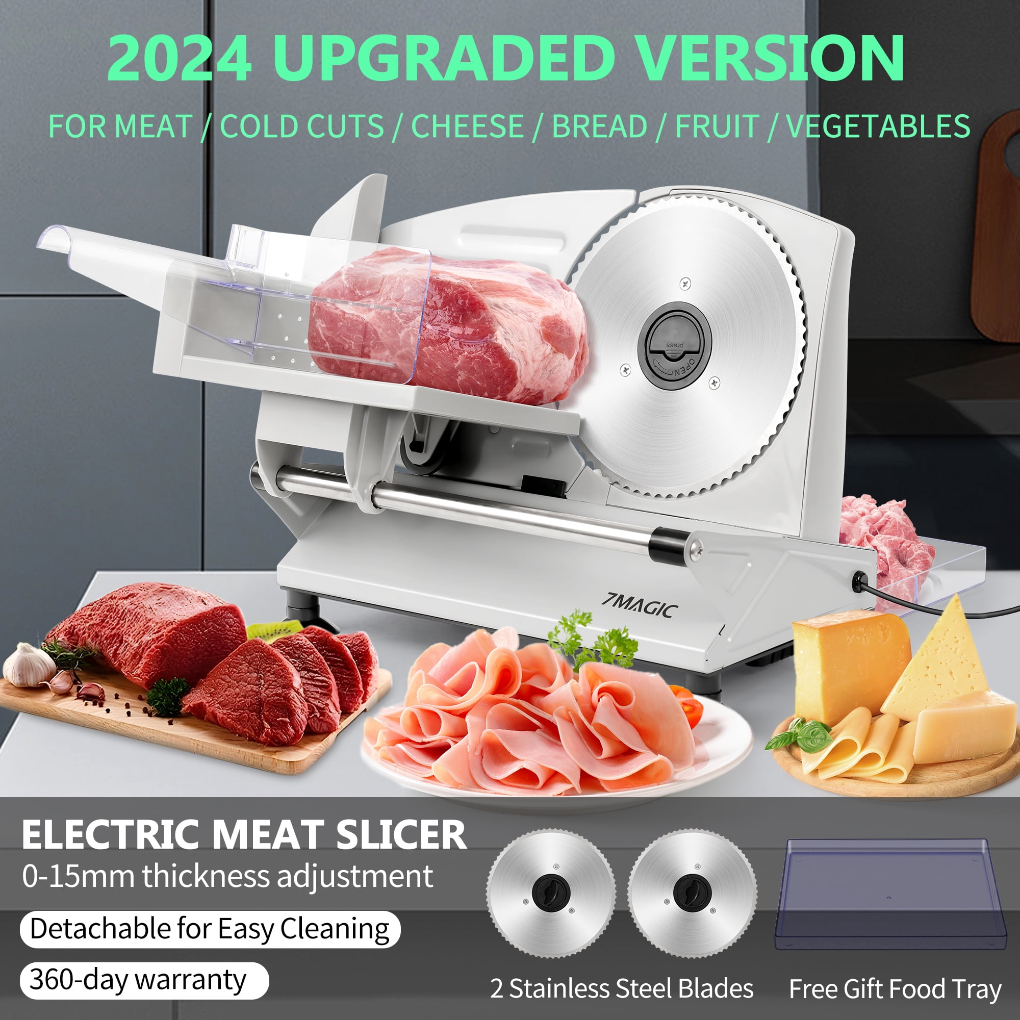 Meat Slicer, Electric Deli Food Slicer with 2 Removable Stainless Steel