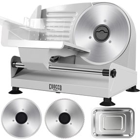 CUOCCO PRO 200W Electric Meat Slicer Machine - Home Food Slicer with Dual Blades, 0-15mm Adjustable, Detachable for Easy Cleaning, Child Safety Lock, Includes Stainless Steel Tray
