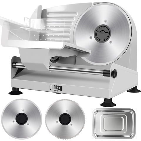 CUOCCO PRO 200W Electric Meat Slicer Machine - Home Food Slicer with Dual Blades, 0-15mm Adjustable, Detachable for Easy Cleaning, Child Safety Lock, Includes Stainless Steel Tray