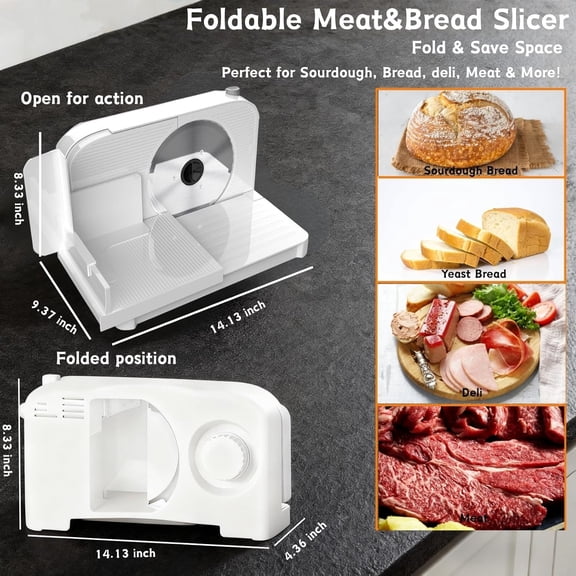 Meat Slicer for Home, 150W Foldable Meat Slicer with 6.7'' Blade, Lock Protect Electric Bread Slicer, Adjustable Thickness Portable Food Cutter for Breads Meat (White)