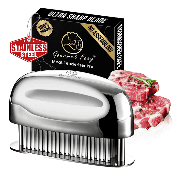 Gourmet Easy - Meat Tenderizer Tool, Easy to Clean, One Piece Design - No Disassembly Needed, Ultra Sharp Needle Blades 100% Stainless Steel, Heavy-Duty Kitchen Gadgets, Meat Needle
