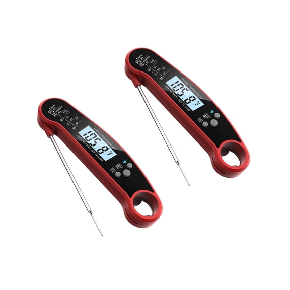 Meat Thermometer Digital for Cooking Food. Waterproof & Instant Read for Kitchen Baking, BBQ. with Foldable Probe, Backlight & Calibration (2 pcs Red)