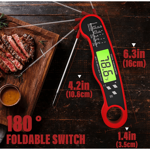 Meat Thermometer Digital - Fast Instant Read Food Thermometer for Cooking, Outside Grill, Waterproof Kitchen Thermometer with Backlight & Hold Function - Red