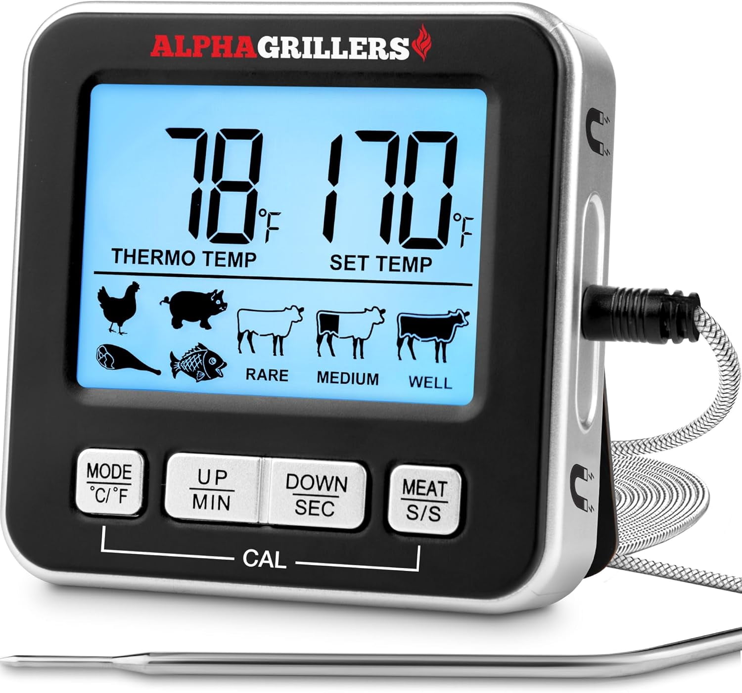 Meat Thermometer Digital - Kitchen Oven Thermometer for Cooking Food, Grilling, BBQ Smoker - 7 Preset Temperature Alerts, Timer, Alarm, & Stainless Steel Temperature Probe
