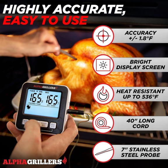 Meat Thermometer Digital - Kitchen Oven Thermometer for Cooking Food, Grilling, BBQ Smoker - 7 Preset Temperature Alerts, Timer, Alarm, & Stainless Steel Temperature Probe