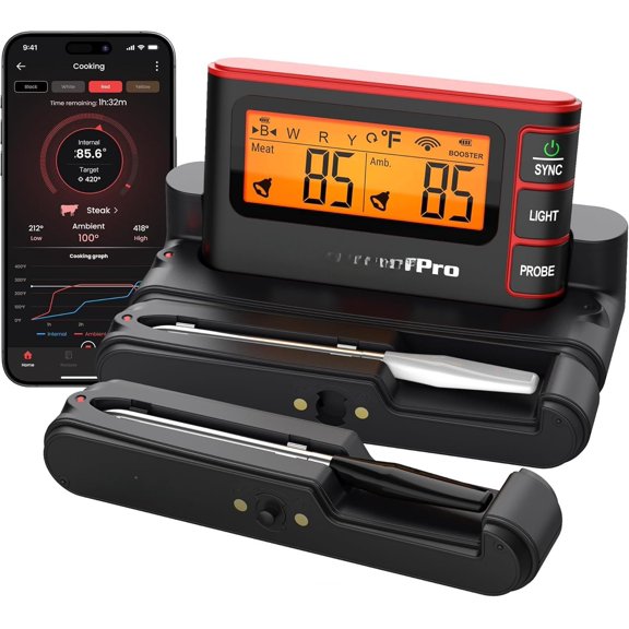 Meat Thermometer Digital with App, WiFi & BBQ Grill Thermometer with , & Heat-Resistant Probes, Rechargeable Base with Display for BBQ Oven