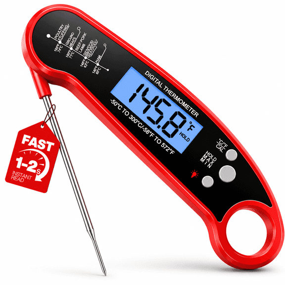 Amumu Digital Meat Thermometer, Instant Read Food Thermometer with Foldable Probe, IP67 Waterproof Cooking Thermometer for Grilling BBQ Smoker Air Fryer, Red