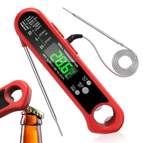 Arenviy Digital Meat Thermometer, Instant Read Food Thermometer with Smart Alarm, Dual Probe & Bottle Opener for Kitchen, Deep Fry, BBQ, Magnetic Back & Hanging Design