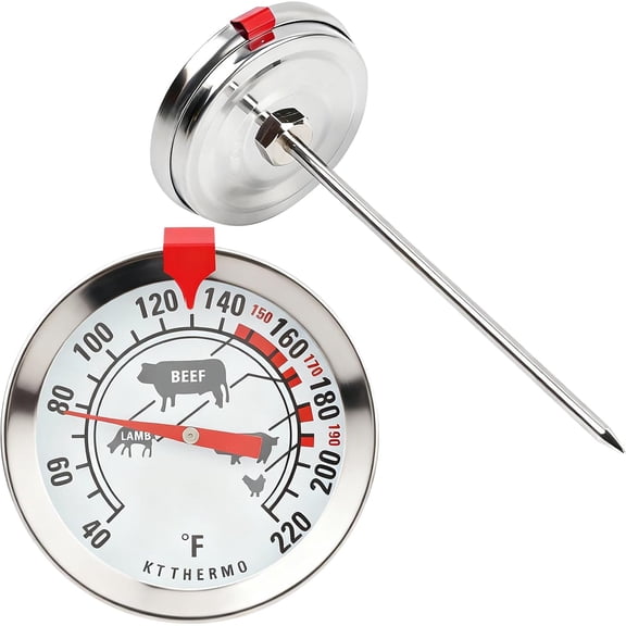 Meat Thermometer for Oven, Analog Leave-in with Adjustable Red Target Indicator, 2-Inch Dial Icons, 4.3-Inch 304 Stainless Steel Probe, 40-220F Beef Poultry Pork Lamb Seafood