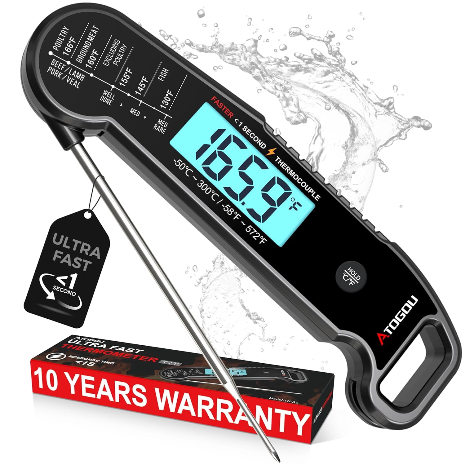Meat Thermometer, Professional Food Thermometer, <1 Sec Instant Read, ±0.5℉ Accuracy, Thermocouple Sensor, Waterproof Digital Thermometer for Cooking, BBQ, Grill, Him Dad Birthday Gifts, Black