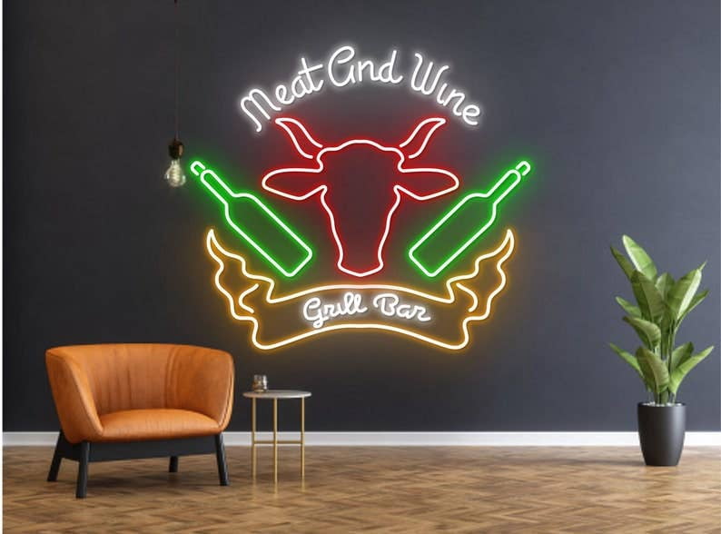 Meat Wine Restaurant Neon Sign, Grill Bar BBQ Decor - Walmart.com