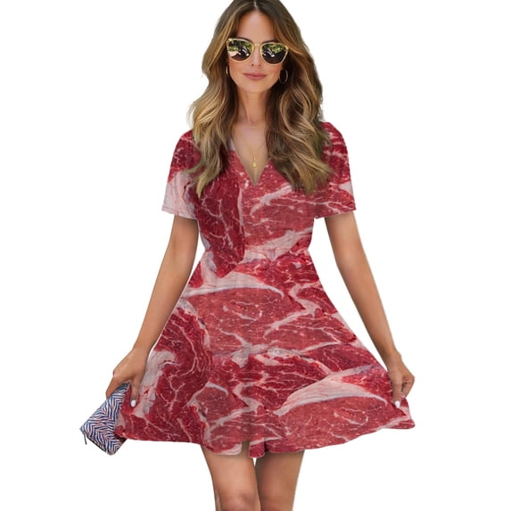 Meat Women Dress V-Neck Short Sleeve Flowy Swing Party Midi Dress