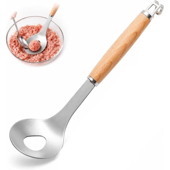 Meatball Maker Spoon , Stainless Steel Manual Meat Baller Scoop with Wooden Handle, Non-Stick Hole-Type Meatball Press Tool for Homemade Meat Balls Fish Balls Shrimp Balls Kitchen Cooking