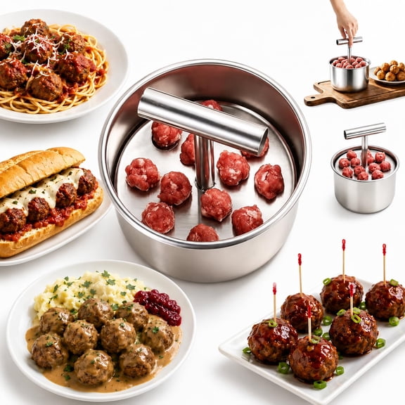 Meatball Maker Tool, Stainless Steel Manual Press, 6/12 Hole Options