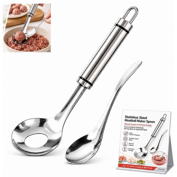 Meatball Spoon, 2027New Stainless Meatball Spoon Maker, Meatball Shaper Spoon with Hole Convenient Storage Design Long Handle Spoon for Kitchen (1Set)