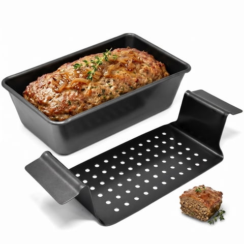 Meatloaf Pan with Drain Tray, 9x5 Inch Nonstick Loaf Baking Pan, Portable Lift & Serve Design for Meatloaf & Bread, Black Bakeware 1 (Pack)