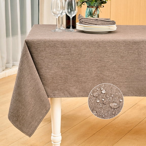 Mebakuk Rectangle Table Cloth Linen Farmhouse Tablecloth Waterproof Anti-Shrink Soft and Wrinkle Resistant Decorative Fabric Table Cover for Kitchen (Oblong 60 x 144 Inch (12-14 Seats), Flaxen)