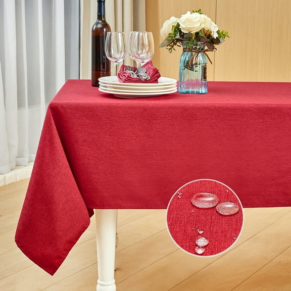 Mebakuk Rectangle Table Cloth Linen Farmhouse Tablecloth Waterproof Anti-Shrink Soft and Wrinkle Resistant Decorative Fabric Table Cover for Kitchen (Oblong 52 x 70 Inch (4-6 Seats), Red)