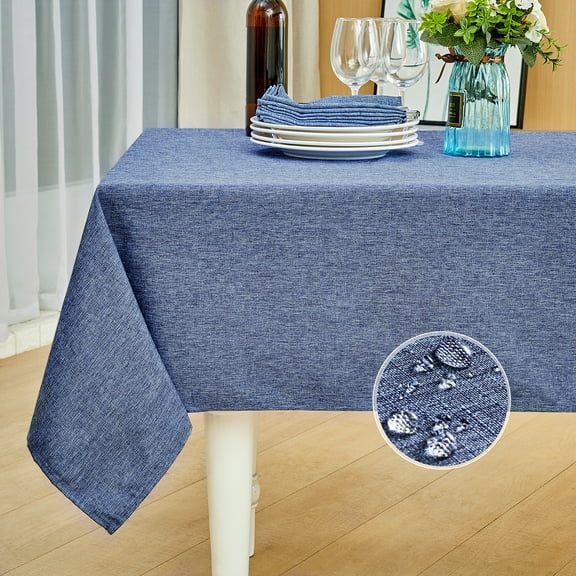 Mebakuk Rectangle Table Cloth Linen Farmhouse Tablecloth Waterproof Anti-Shrink Soft and Wrinkle Resistant Decorative Fabric Table Cover for Kitchen (Oblong 60 x 120 Inch (10-12 Seats), Denim Blue)