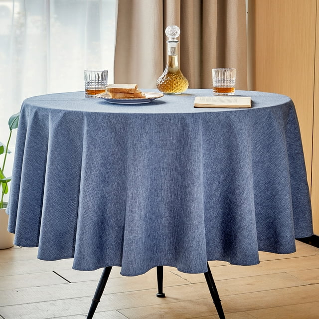 Mebakuk Round Table Cloth Linen Farmhouse Tablecloth Spill-Proof Antiwrinkle and Shrink Proof Tablecloth Decorative Fabric Table Cover for Dining and Outdoor Use (70 inch Round (4-6 Seats) Denim Blue)