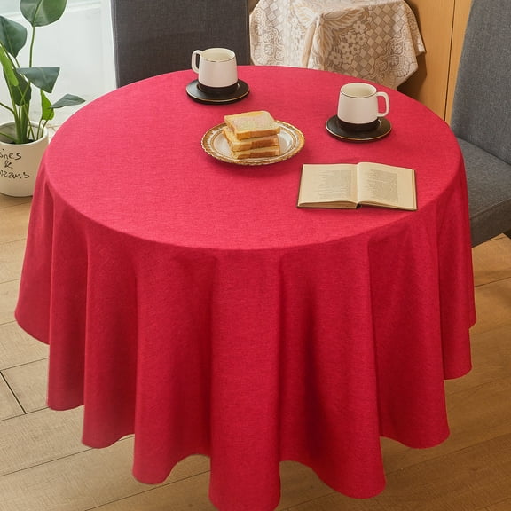 Mebakuk Round Table Cloth Linen Farmhouse Tablecloth Spill-Proof Antiwrinkle and Shrink Proof Tablecloth Decorative Fabric Table Cover for Dining and Outdoor Use (60 inch Round (2-4 Seats), Red)