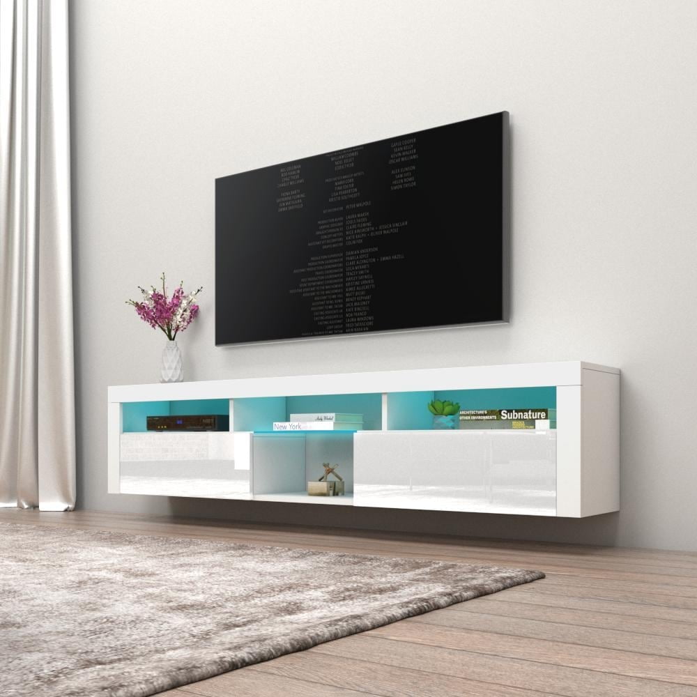 White High Gloss Wall Mounted Floating TV Stand with LED Lights