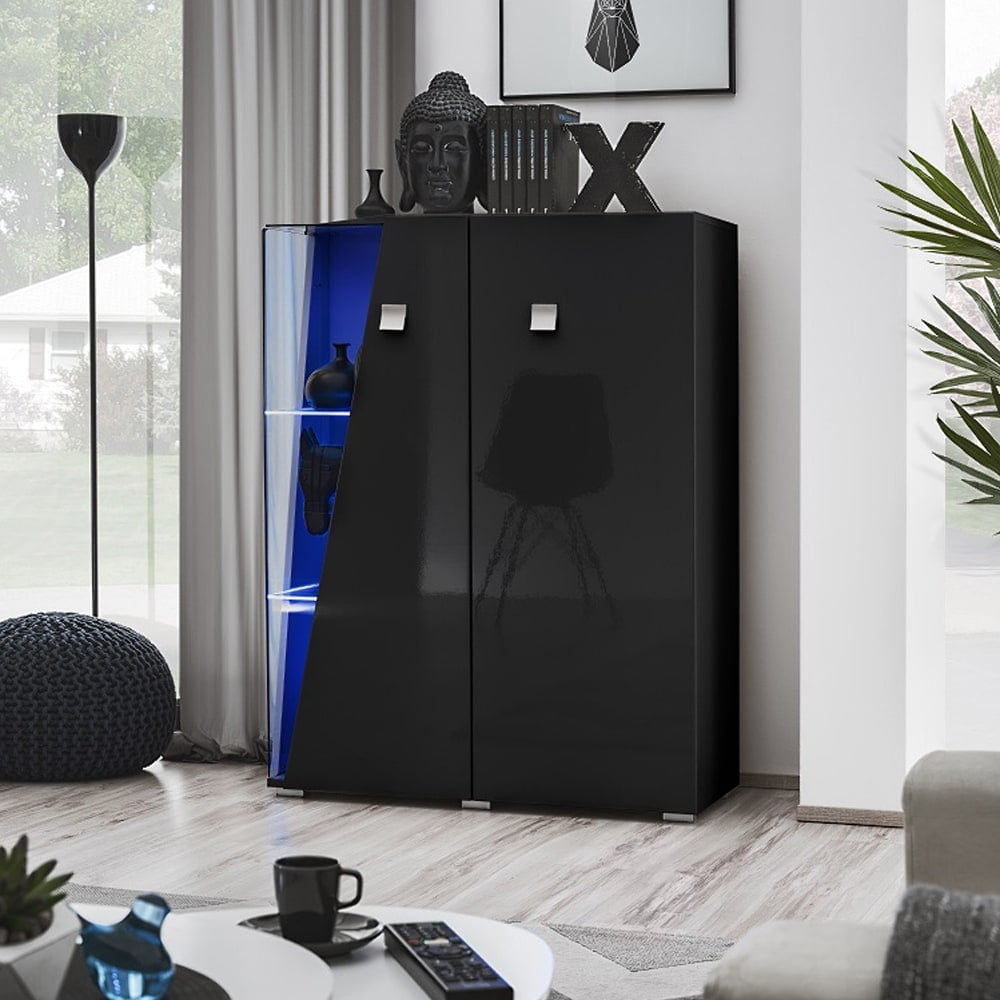 Modern Black High Gloss Curio Cabinet with LED Lights