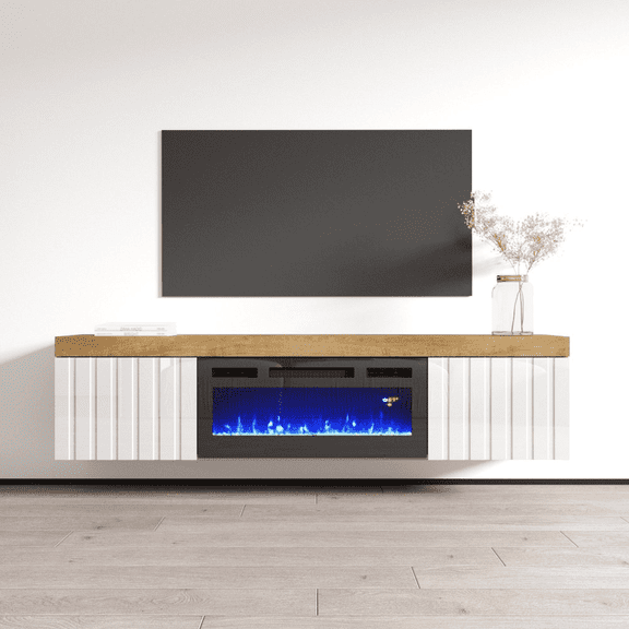 Knoxville BL-EF Floating Fireplace TV Stand for TVs up to 80", Modern High Gloss 71" Entertainment Center, Wall Mounted Electric Fireplace TV Media Console with Storage Cabinets