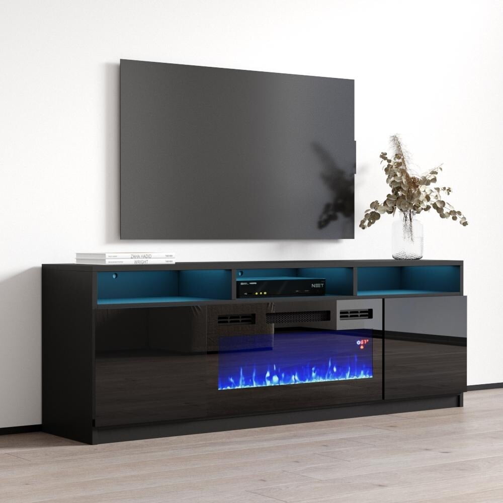 Black High Gloss Electric Fireplace TV Stand with Storage Cabinets