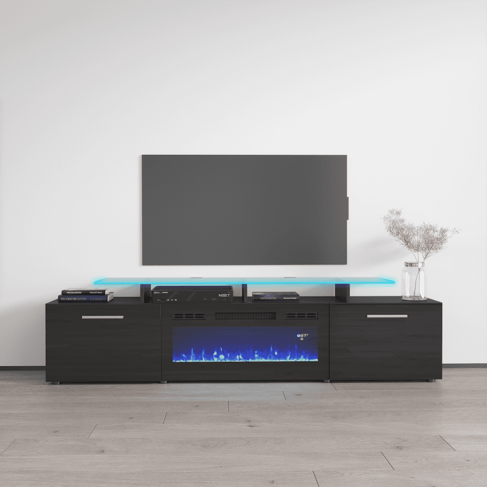 Rova BL-EF Fireplace TV Stand for TVs up to 85", Modern High Gloss 75" Entertainment Center, Electric Fireplace TV Media Console with Storage Cabinets and LED Lights