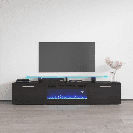 Rova BL-EF Fireplace TV Stand for TVs up to 85", Modern High Gloss 75" Entertainment Center, Electric Fireplace TV Media Console with Storage Cabinets and LED Lights