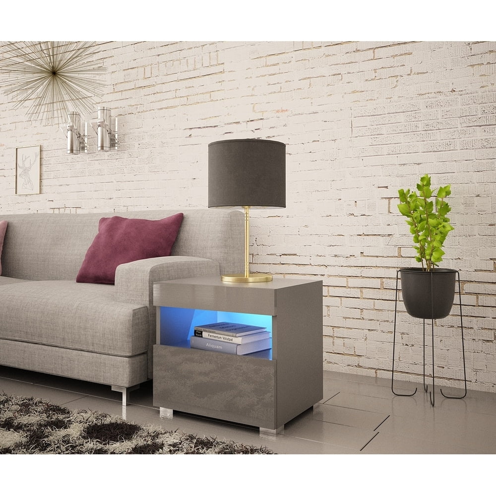 Gray High Gloss Nightstand with LED Lights and Drawer
