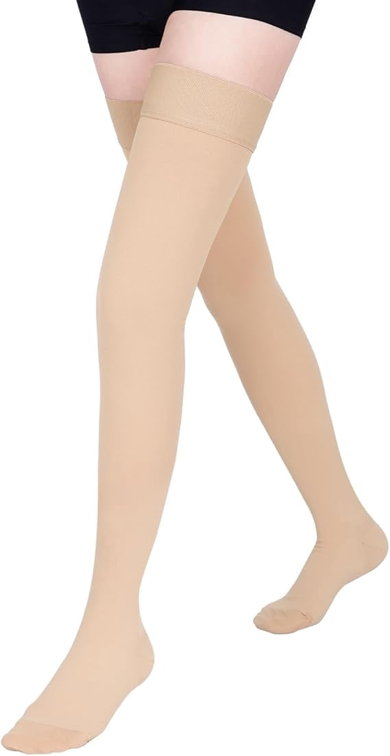 MecTo 15-20mmHg Closed Toe Compression Stockings Medical Thigh High Compression Socks for Running Nursing Sports Veins( Beige, L)