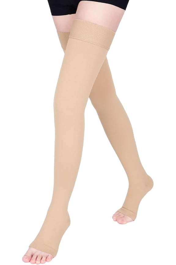 15-20mmHg Open Toe Compression Stockings Medical Thigh High Compression Socks for Running Nursing Sports Veins( Beige, L)